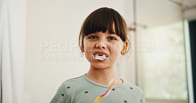 Buy stock photo Happy, dental care and portrait of child in bathroom for development, growth or hygiene in home. Toothpaste, wellness and girl kid brushing teeth in morning for fresh breath and oral health in house.