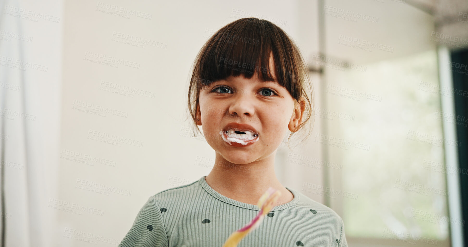 Buy stock photo Happy, dental care and portrait of child in bathroom for development, growth or hygiene in home. Toothpaste, wellness and girl kid brushing teeth in morning for fresh breath and oral health in house.