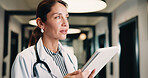 Medical, tablet and doctor thinking in hospital for planning, problem solving or telehealth solution. Tech, clinic and professional woman with research, evaluation or idea for treatment in hallway