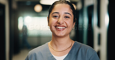 Buy stock photo Portrait, woman and nurse with smile in hospital for career pride, about us and medical assistance. Happy, female person and job ambition for patient care, positive attitude and healthcare services