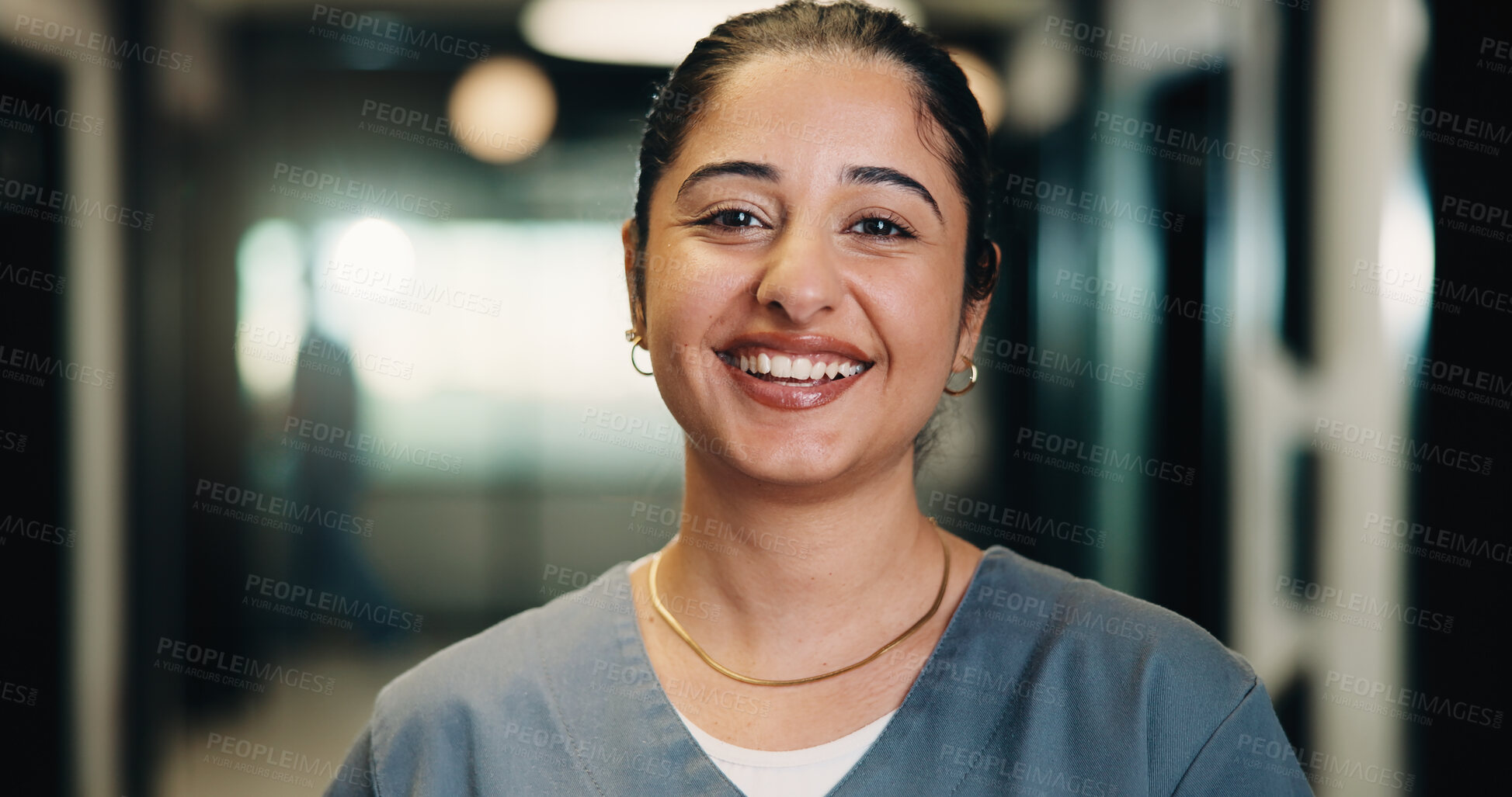 Buy stock photo Portrait, woman and nurse with smile in hospital for career pride, about us and medical assistance. Happy, female person and job ambition for patient care, positive attitude and healthcare services