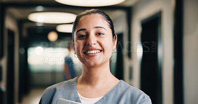 Buy stock photo Confident, woman and nurse with portrait in hospital for career pride, about us and medical assistance. Smile, female person and ambition for patient care, positive attitude and healthcare services