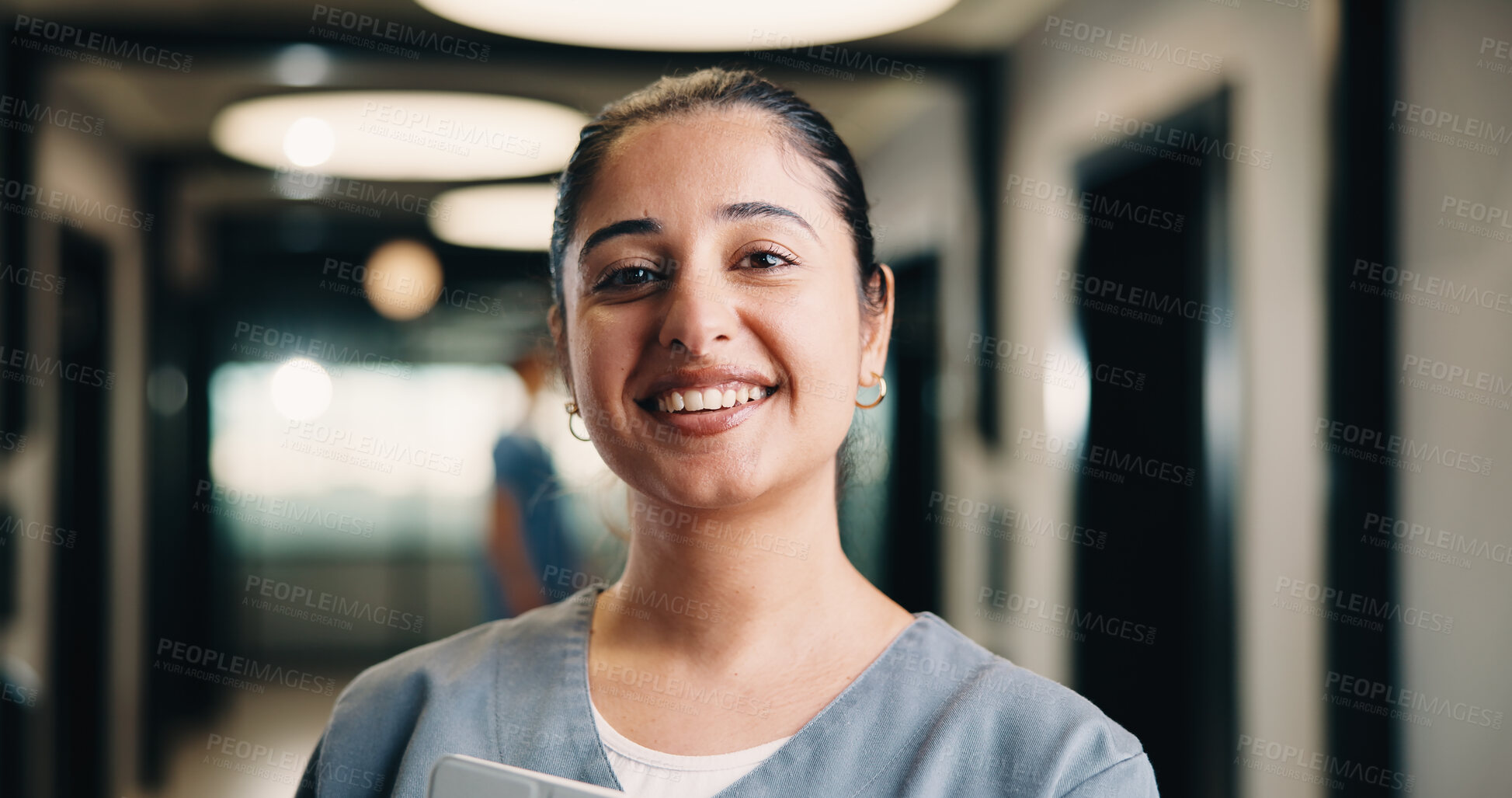 Buy stock photo Confident, woman and nurse with portrait in hospital for career pride, about us and medical assistance. Smile, female person and ambition for patient care, positive attitude and healthcare services