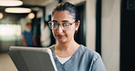 Healthcare, nurse and woman with tablet in clinic, reading report or update records for insurance. Tech, telehealth and person in hospital for research, medical history and review schedule for admin