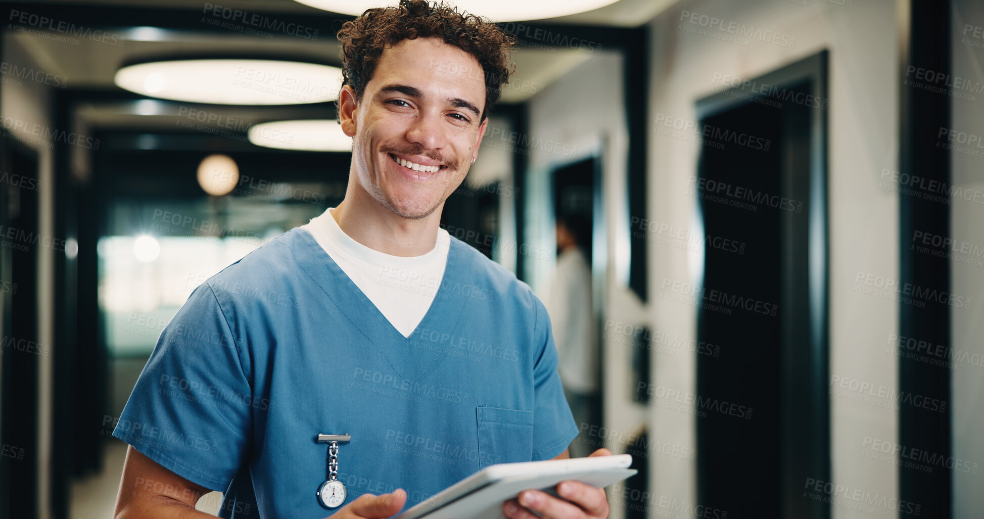 Buy stock photo Healthcare, nurse and portrait of happy man with tablet, about us and wellness service in clinic. Tech, medical worker and person in hospital with smile for research, telehealth and admin in hallway