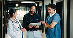 Medical, doctor and group with tablet, laughing and feedback for planning treatment in clinic. Technology, team and happy people in hospital for meeting, healthcare discussion and funny story
