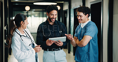 Buy stock photo Medical, doctor and group with tablet, laughing and feedback for planning treatment in clinic. Technology, team and happy people in hospital for meeting, healthcare discussion and funny story