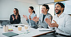 Business people, group and clapping in office for goal, sales growth and financial achievement. Excited team, workers and applause for investment target, profit celebration or success in meeting