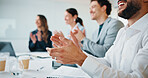 Businessman, group and clapping hands in office for goal, sales growth and financial achievement. Excited team, workers or applause for investment target, profit celebration or success in meeting