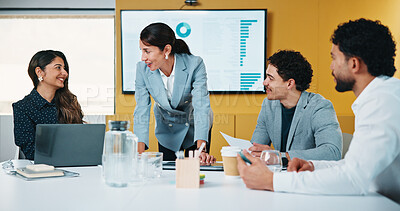 Buy stock photo Presentation, meeting and woman in office with business people for company profit, revenue and pitch. Administration, graphs and financial manager with digital tech for budget, approval or promotion