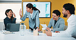 Woman, high five and team at meeting for celebration, laptop and motivation at insurance company. Business people, broker and success for achievement, excited and support at risk management agency