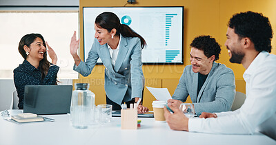 Buy stock photo Woman, high five and team at meeting for celebration, laptop and motivation at insurance company. Business people, broker and success for achievement, excited and support at risk management agency