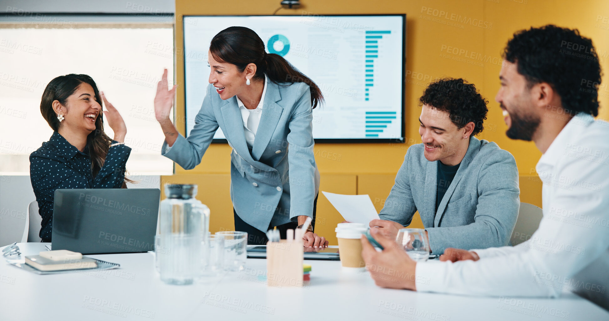 Buy stock photo Woman, high five and team at meeting for celebration, laptop and motivation at insurance company. Business people, broker and success for achievement, excited and support at risk management agency