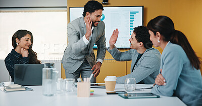 Buy stock photo Businessman, high five and team at office meeting, motivation and smile at insurance company. Happy people, broker and success for achievement, excited and support for goal at risk management agency