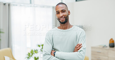 Buy stock photo Happy, home and black man in portrait with relax, confident and calm weekend in living room. Casual, good mood and person with smile for break, holiday or wellness in apartment with arms crossed