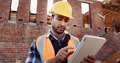 Buy stock photo Civil engineer, scroll and man with tablet at construction site, online or project update on website. Outdoor, architect and person with tech for property development, report and safety inspection