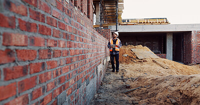 Buy stock photo Architecture, inspection and man with tablet at construction site, online and project update on web. Outdoor, civil engineer and person with tech for property development, report or quality assurance