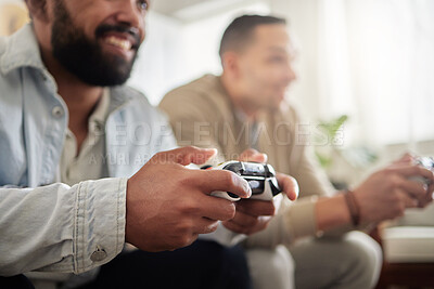 Buy stock photo Hands, control and friends with video game in home for fun, bonding and competition on sofa. Television, gaming console and men or gamer on couch with esports, happy and play together on weekend