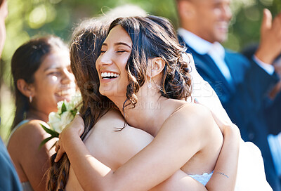 Buy stock photo Bride, hug and women outdoor on wedding day for celebration at marriage ceremony or reception. Love, smile and thank you with friends embracing at function for commitment, solidarity or unity
