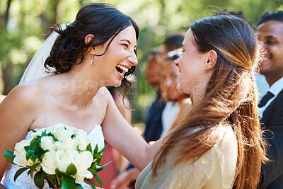 Buy stock photo Laughing, love and wedding with friends outdoor together for celebration of marriage or matrimony. Flowers, funny and romance with excited bride in garden for ceremony, event or reception in summer