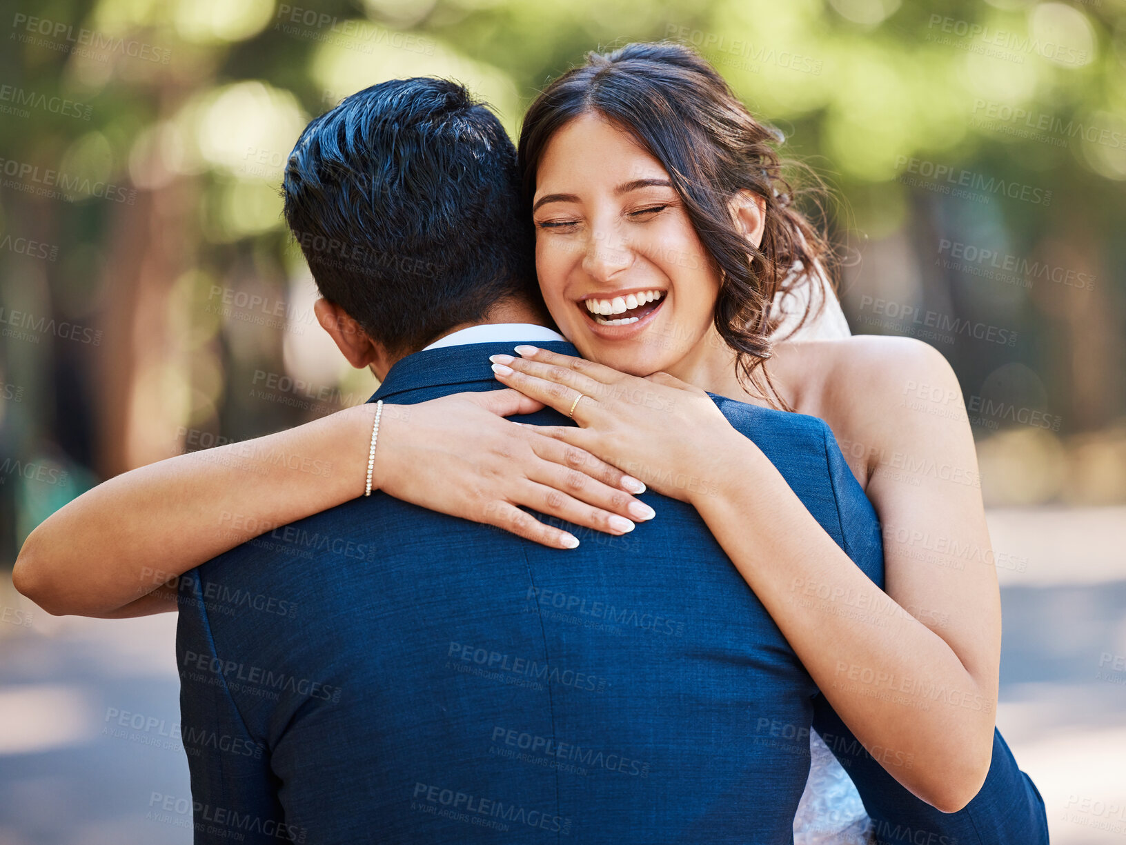Buy stock photo Funny, hug and wedding with couple outdoor together for celebration or marriage or matrimony. Laughing, love and romance with excited people embracing in summer for commitment as bride and groom