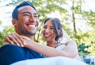 Buy stock photo Carry, smile and couple at wedding outdoor for marriage, love or trust in nature. Bride, groom and people with affection, partner and support for connection, romantic and happiness together in park 