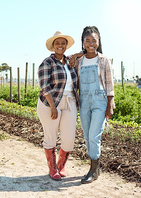Buy stock photo Happy, black women and farmer with portrait outdoor for career pride, about us and agriculture. Smile, people or team for farming in nature, sustainable business and crops for food production