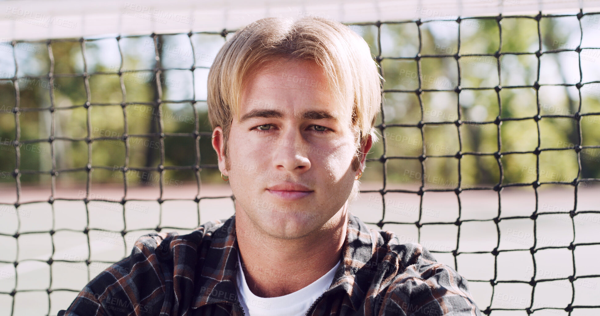 Buy stock photo Serious, man and portrait of student on campus court for university, opportunity growth or confidence. Pride, net and male person outdoor for study with education, scholarship or bursary in Canada.