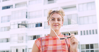 Buy stock photo City, travel and woman with sunglasses for fashion, student and smile with streetwear and confident. Outdoor, space and happy person with cool shades, casual and Gen z with stylish clothes in USA