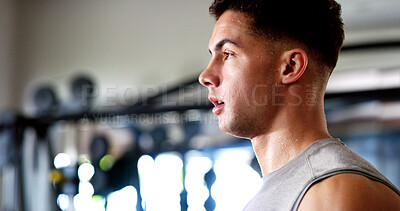 Buy stock photo Thinking, sweating or man with fitness in gym, workout fatigue or planning routine on training break. Reflection, tired or athlete with exercise pause in sports club, serious or practice decision