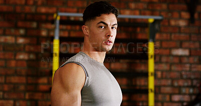 Buy stock photo Break, portrait or man in gym for fitness, workout fatigue or progress in physical exercise. Serious, sweat or athlete in center with confidence, training recovery or reflection on body improvement.