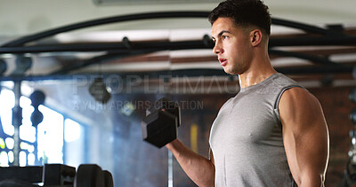 Buy stock photo Fitness, sweating or man with dumbbell in gym, strength challenge or routine for muscle development. Serious, bicep training or bodybuilder with weightlifting in sport club, active or intense workout