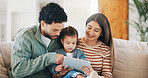 Parents, home and child with tablet, elearning or watching educational film for language development. Happy people, online and bonding with daughter on couch, scroll and streaming movie for knowledge