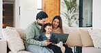 Laptop, relax and parents with child on sofa in home for watching movie, series or show together. Happy, bonding and girl kid with mother and father in living room for streaming film on computer.