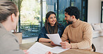 Documents, meeting and businesswoman with couple in home for mortgage loan application. Discussion, paperwork and financial advisor with people for investment or savings contract in apartment.