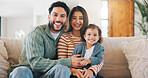 Happy, relax and portrait of family on sofa in home with bonding, care and love on weekend. Smile, calm and girl kid with mother and father in living room for connection together in apartment.