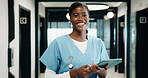 Smile, black woman and portrait of nurse with tablet in hospital with confidence for medical career. Happy, digital technology and African female healthcare worker with pride for about us in clinic.