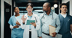 Doctors, nurses and discussion in hospital with tablet, medical research and advice for patient care. People, teamwork and talk in clinic with tech, planning and collaboration for healthcare service.