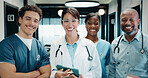 Happy, team and portrait of doctors and nurses in hospital with confidence for medical collaboration. People, tablet and group of healthcare employees with pride for career about us in clinic.