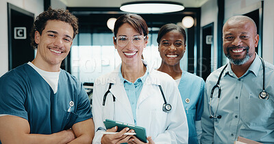 Buy stock photo Happy, team and portrait of doctors and nurses in hospital with confidence for medical collaboration. People, tablet and group of healthcare employees with pride for career about us in clinic.
