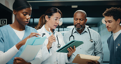 Buy stock photo Doctors, nurses and talk in hospital with tablet, research or medical records for patient diagnosis. People, discussion and documents in clinic with tech, plan or collaboration for healthcare service