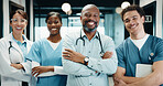 Smile, crossed arms and portrait of doctors and nurses in hospital with confidence for medical career. People, professional and group of healthcare employees with pride for about us in clinic.