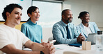 Business people, happy and team in meeting at office with planning, review and project at insurance company. Group, broker and advisor with tech, proposal or smile with documents for risk management