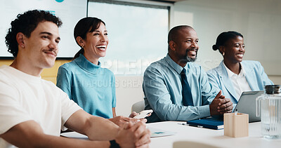 Buy stock photo Business people, happy and team in meeting at office with planning, review and project at insurance company. Group, broker and advisor with tech, proposal or smile with laugh and risk management
