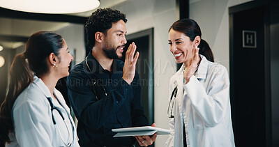 Buy stock photo Tablet, doctor meeting and high five in hospital for discussion, report or collaboration success. Team, people and medical worker with digital tech for healthcare, schedule and celebration in clinic