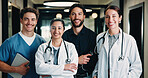 Portrait, team and doctor with pride for healthcare, confidence and wellness career in hallway. Smile, physician or  professional people with group for about us, management and support in clinic