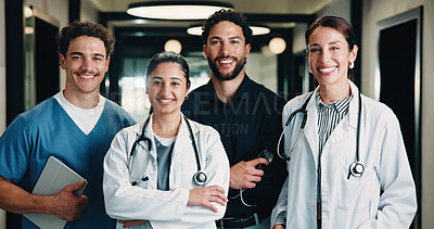Buy stock photo Portrait, team and doctor with pride for healthcare, confidence and wellness career in hallway. Smile, physician or professional people with group for about us, management and arms crossed in clinic