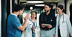 Tablet, doctors and high five in clinic for discussion, report or collaboration success. Team, people and medical worker with digital tech for healthcare, schedule and celebration in hospital