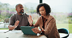 Finance, argue and couple with tablet in home, savings account withdrawal and reading bank balance. Conflict, mature and African people with tech for transaction history, money dispute and debt bills