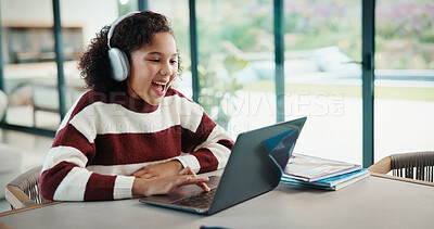 Buy stock photo Laptop, elearning and child with headphones on video call in home for online class with education. Talking, technology and excited student with audio tech and computer for virtual lesson in house.